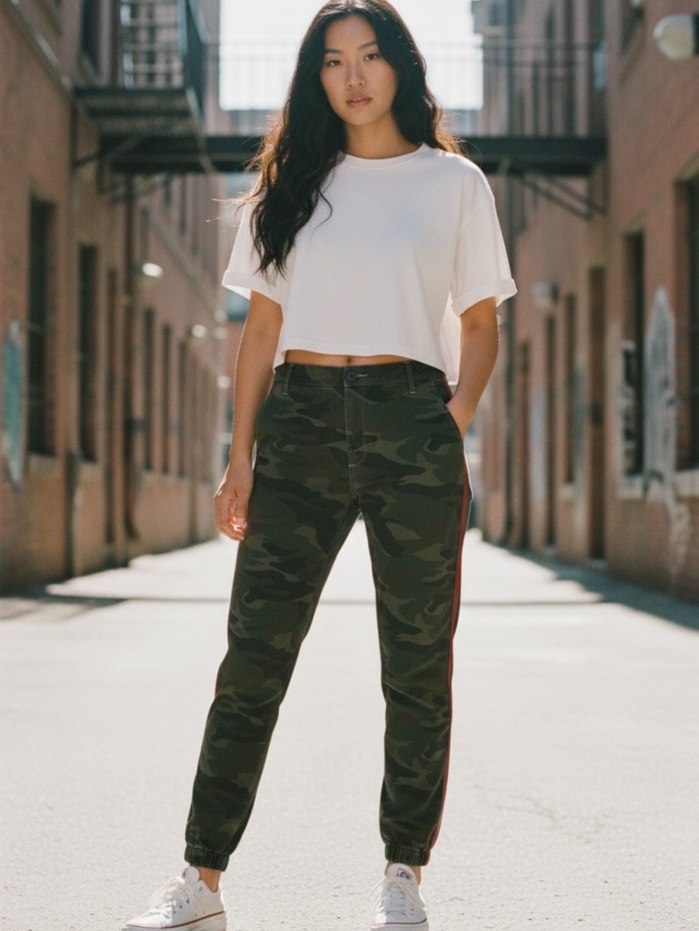 Sundry Camo Cargo Jogger Pants Side Stripe Ankle Zip Size 31 L y2k Streetwear - Picture 2 of 11